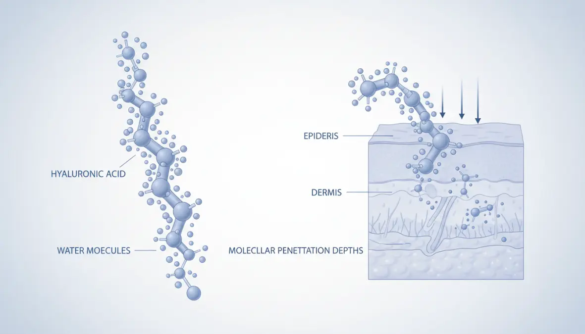 Struttura molecolare acido ialuronico alto e basso peso molecolare nella pelle