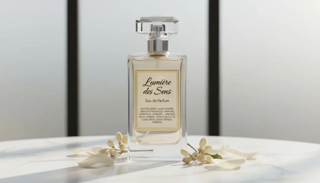 Etichetta profumo con lista allergeni e ingredienti INCI visibili per identificare sostanze allergeniche