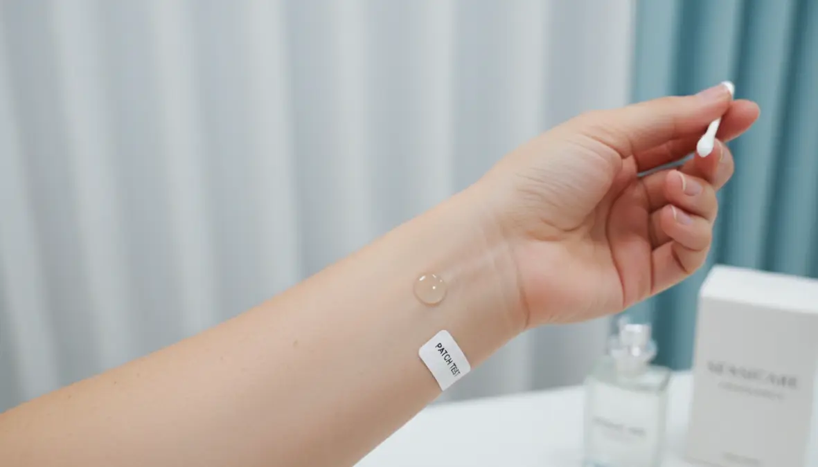 Donna esegue patch test per verificare allergia al profumo su pelle sensibile