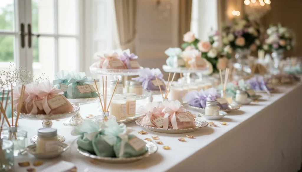 Bomboniere profumate eleganti per matrimonio con candele e sacchetti profumati