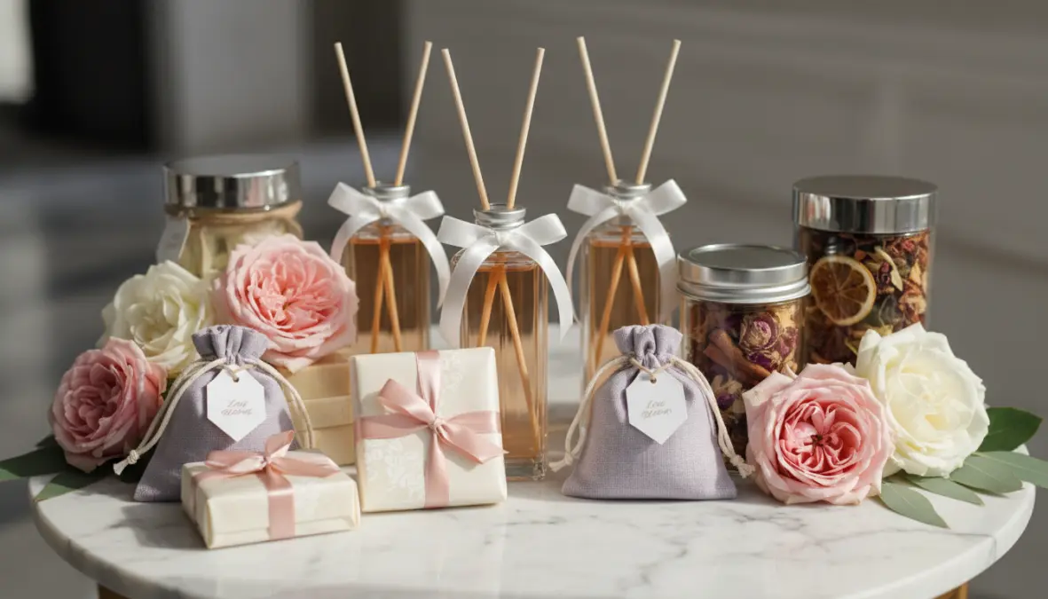 Diverse tipologie di bomboniere profumate raffinate per matrimonio elegante