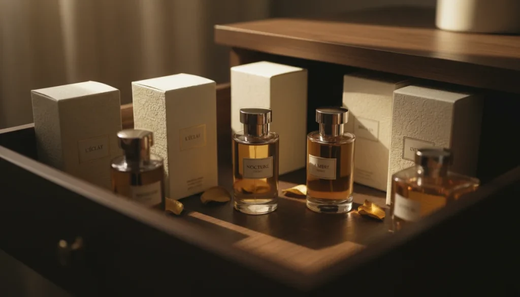 Flaconi di profumo conservati correttamente in un cassetto elegante per preservare le fragranze