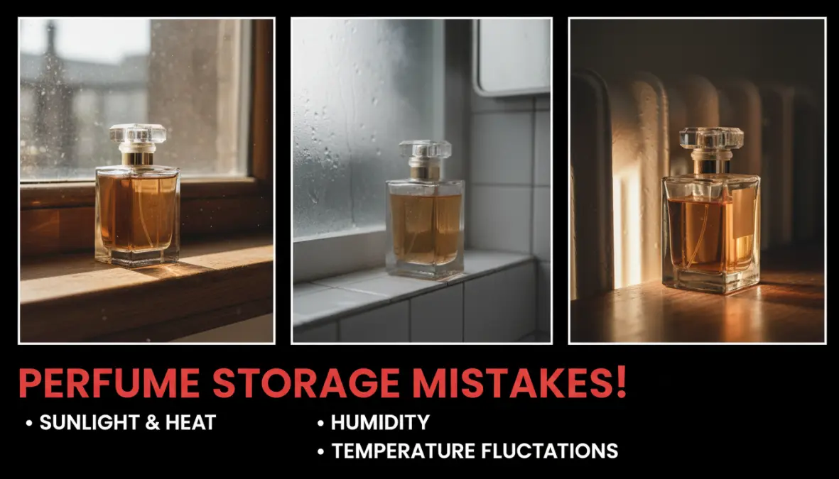 Esempi di errori comuni nella conservazione dei profumi: luce diretta, bagno umido e fonti di calore