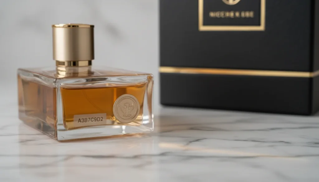Bottiglia di profumo di nicchia autentico con codici di autenticità e packaging originale