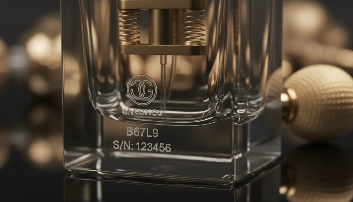 Batch code e codici di autenticità incisi su bottiglia di profumo di nicchia originale