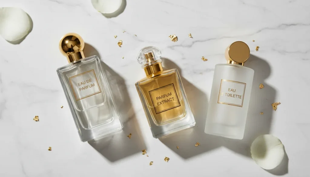 Diverse tipologie di profumo che mostrano la differenza tra eau de parfum e toilette ed estratto