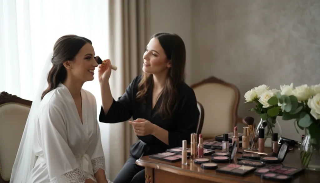 Makeup sposa professionale applicato da makeup artist durante la preparazione del matrimonio
