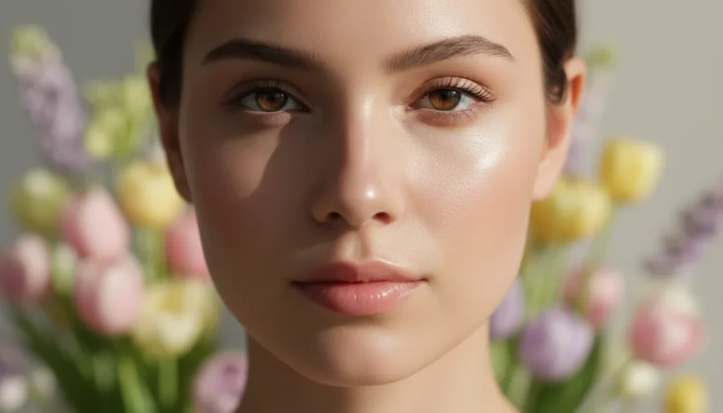 Viso di donna con pelle luminosa durante il cambio di stagione inverno primavera