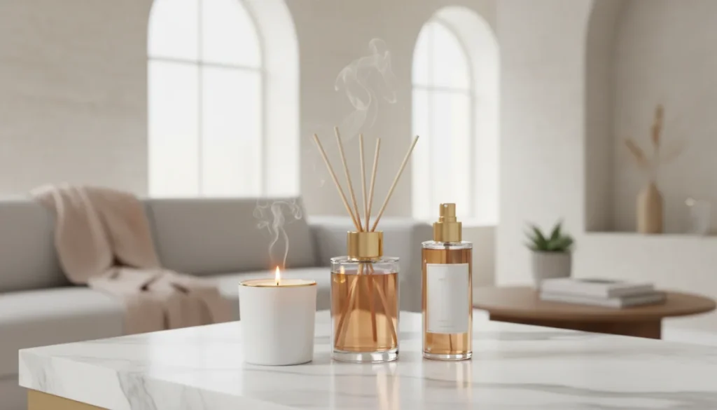 Collezione di profumatori ambiente: diffusore a bastoncini, candela profumata e spray su superficie elegante