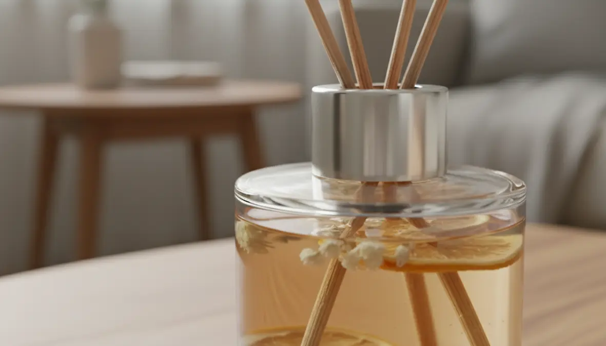 Dettaglio diffusore a bastoncini rattan con oli essenziali, funzionamento profumatore ambiente naturale