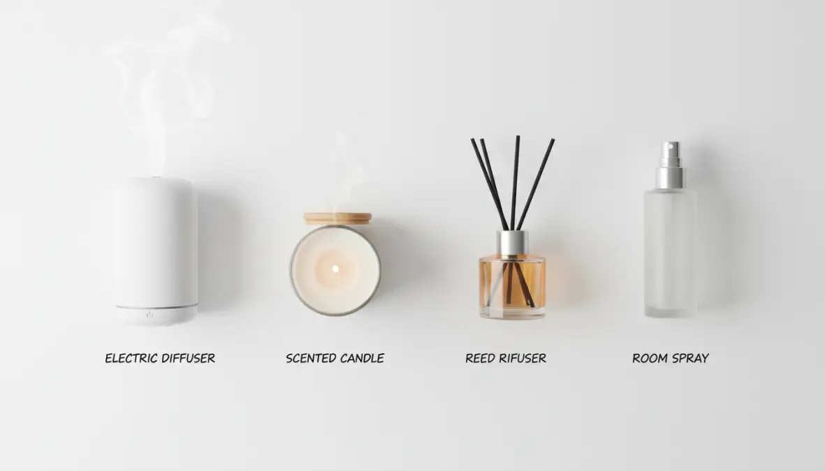 Confronto tipologie profumatori ambiente: diffusori elettrici, candele profumate, bastoncini e spray