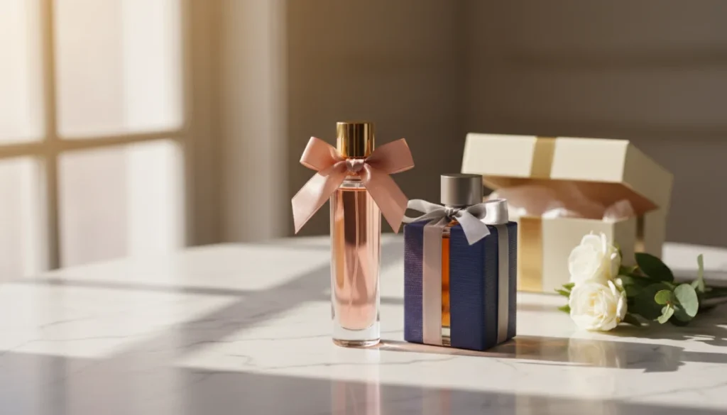 Confezione regalo profumo elegante con fiocco e fragranze di lusso