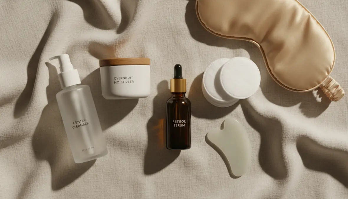 Routine serale con retinolo viso e prodotti per la cura della pelle