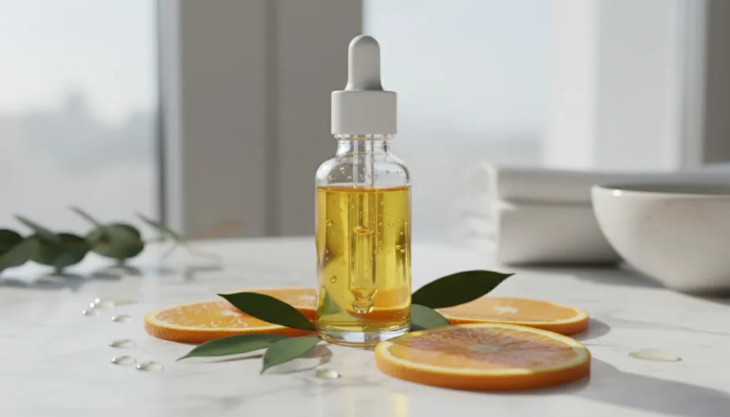 Siero vitamina C viso con ingredienti naturali su superficie in marmo