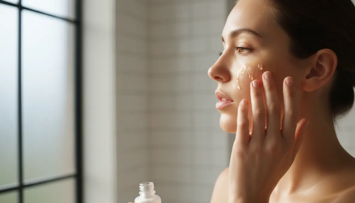 Applicazione siero vitamina C sul viso nella routine skincare mattutina